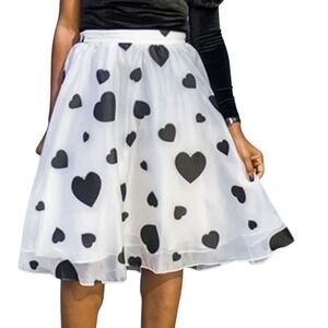 J. Crew White Black Heart Print Organza Midi Skirt Coquette Romantic Size 2